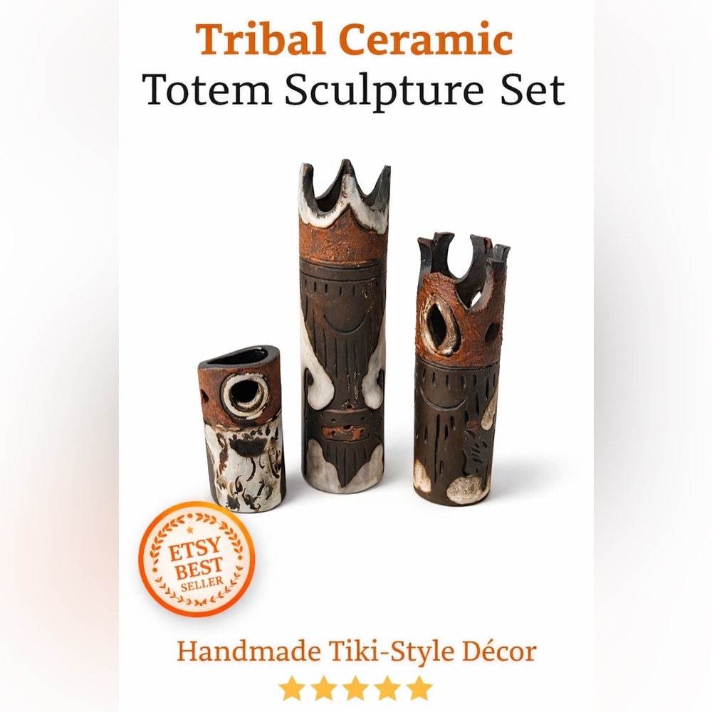 Set of three decorative ceramic tiki-style figures with unique facial features.